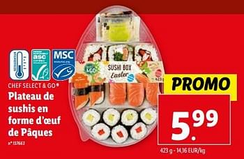 Promoties Plateau de sushis en forme d’oeuf de pâques - Chef Select & Go - Geldig van 27/03/2024 tot 02/04/2024 bij Lidl