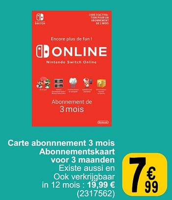 Promoties Carte abonnnement 3 mois abonnementskaart voor 3 maanden - Nintendo - Geldig van 19/03/2024 tot 30/03/2024 bij Cora