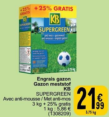 Promotions Engrais gazon gazon meststof kb supergreen - KB - Valide de 19/03/2024 à 30/03/2024 chez Cora