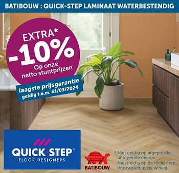 Promotions Batibouw quick-step laminaat waterbestendig extra -10% op onze netto stuntprijzen - Produit maison - Zelfbouwmarkt - Valide de 26/03/2024 à 01/04/2024 chez Zelfbouwmarkt