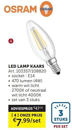 Promoties Led lamp kaars - Osram - Geldig van 26/03/2024 tot 01/04/2024 bij Zelfbouwmarkt