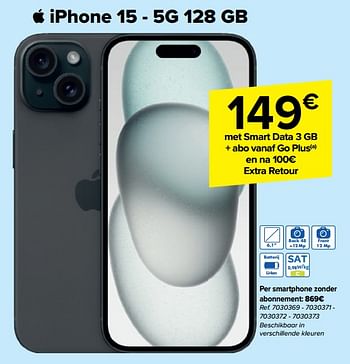 Promoties Apple iphone 15 5g 128 gb - Apple - Geldig van 20/03/2024 tot 02/04/2024 bij Carrefour