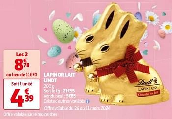 Promoties Lapin or lait lindt - Lindt - Geldig van 26/03/2024 tot 01/04/2024 bij Auchan