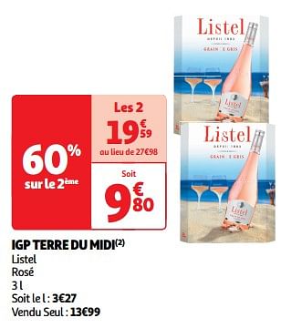 Promoties Igp terre du midi listel rosé - Rosé wijnen - Geldig van 26/03/2024 tot 31/03/2024 bij Auchan
