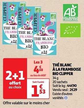Promoties Thé blanc à la framboise bio clipper - Clipper - Geldig van 26/03/2024 tot 31/03/2024 bij Auchan