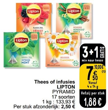 Promotions Thees of infusies lipton pyramid - Lipton - Valide de 26/03/2024 à 30/03/2024 chez Cora