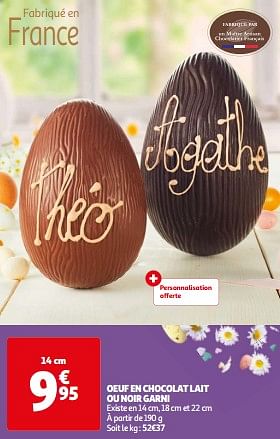 Promoties Oeuf en chocolat lait ou noir garni - Huismerk - Auchan - Geldig van 26/03/2024 tot 01/04/2024 bij Auchan