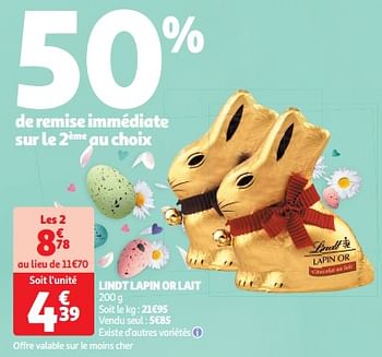 Promoties Lindt lapin or lait - Lindt - Geldig van 26/03/2024 tot 31/03/2024 bij Auchan