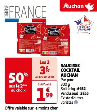 Promoties Saucisse cocktail auchan - Huismerk - Auchan - Geldig van 26/03/2024 tot 01/04/2024 bij Auchan