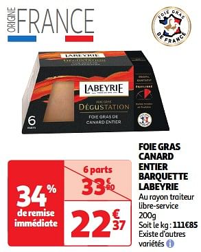 Promoties Foie gras canard entier barquette labeyrie - Labeyrie - Geldig van 26/03/2024 tot 31/03/2024 bij Auchan