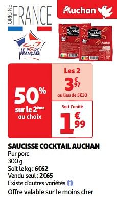 Promoties Saucisse cocktail auchan - Huismerk - Auchan - Geldig van 26/03/2024 tot 31/03/2024 bij Auchan