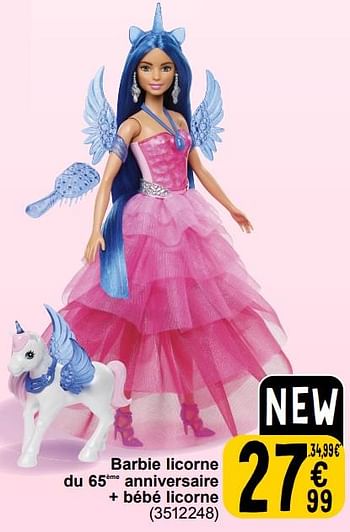 Promotions Barbie licorne du 65ème anniversaire + bébé licorne - Mattel - Valide de 19/03/2024 à 08/04/2024 chez Cora