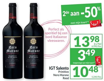 Promotions Igt salento primitivo nero marone rood - Vins rouges - Valide de 26/03/2024 à 01/04/2024 chez Intermarche