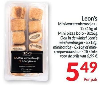 Promoties Leon’s miniworstenbroodjes of mini pizza bolo - Leon's - Geldig van 26/03/2024 tot 01/04/2024 bij Intermarche