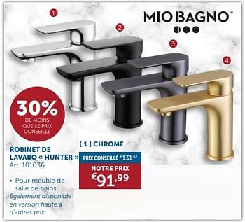 Promotions Robinet de lavabo hunter chrome - Mio Bagno - Valide de 26/03/2024 à 01/04/2024 chez Zelfbouwmarkt