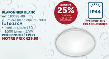 Promoties Plafonnier blanc 32 cm - Huismerk - Zelfbouwmarkt - Geldig van 26/03/2024 tot 01/04/2024 bij Zelfbouwmarkt