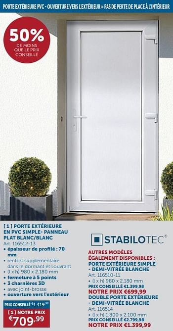 Promotions Porte extérieure en pvc simple- panneau plat - Stabilotec - Valide de 26/03/2024 à 01/04/2024 chez Zelfbouwmarkt