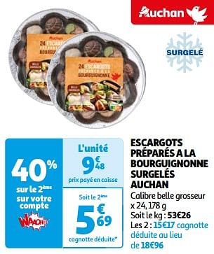 Promoties Escargots préparés a la bourguignonne surgelés auchan - Huismerk - Auchan - Geldig van 26/03/2024 tot 01/04/2024 bij Auchan