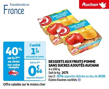 Promoties Desserts aux fruits pomme sans sucres ajoutés auchan - Huismerk - Auchan - Geldig van 26/03/2024 tot 01/04/2024 bij Auchan