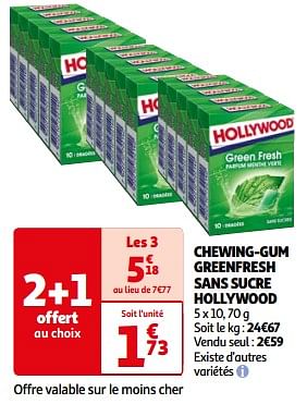 Promotions Chewing-gum greenfresh sans sucre hollywood - Hollywood - Valide de 26/03/2024 à 01/04/2024 chez Auchan Ronq