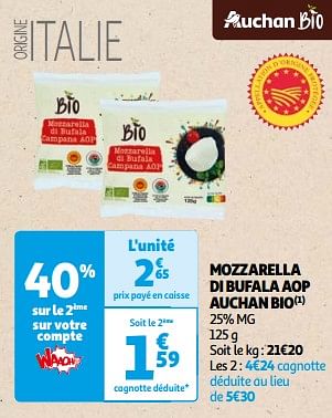 Promoties Mozzarella di bufala aop auchan bio - Huismerk - Auchan - Geldig van 26/03/2024 tot 01/04/2024 bij Auchan