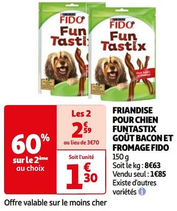 Promoties Friandise pour chien funtastix goût bacon et fromage fido - Purina - Geldig van 26/03/2024 tot 01/04/2024 bij Auchan