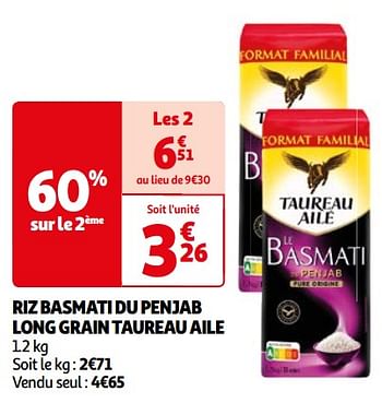 Promoties Riz basmati du penjab long grain taureau aile - Taureau Ailé - Geldig van 26/03/2024 tot 01/04/2024 bij Auchan