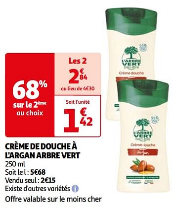 Promoties Crème de douche à l`argan arbre vert - L'arbre vert - Geldig van 26/03/2024 tot 01/04/2024 bij Auchan