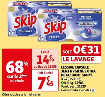 Promotions Lessive capsule 3en1 hygiène extra détachant skip - Skip - Valide de 26/03/2024 à 01/04/2024 chez Auchan Ronq