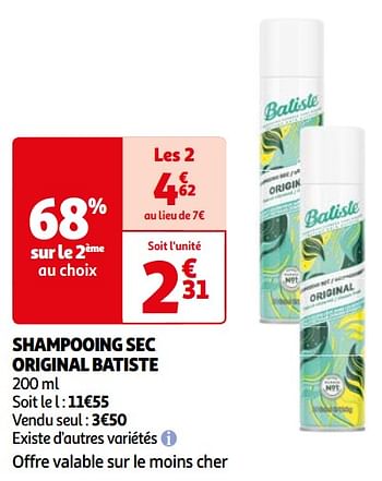 Promotions Shampooing sec original batiste - Batiste - Valide de 26/03/2024 à 01/04/2024 chez Auchan Ronq
