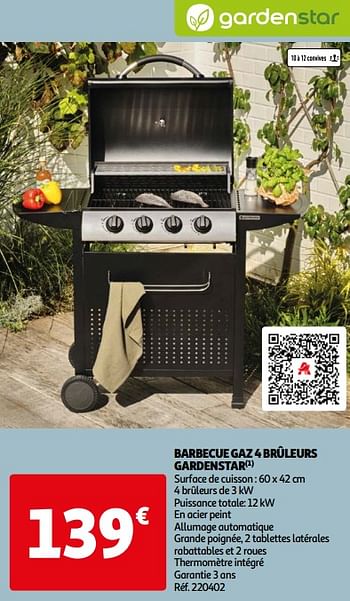 Promoties Barbecue gaz 4 brûleurs gardenstar - GardenStar - Geldig van 26/03/2024 tot 01/04/2024 bij Auchan