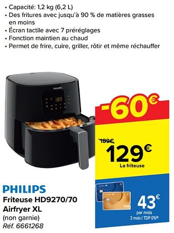 Promotions Philips friteuse hd9270-70 airfryer xl - Philips - Valide de 20/03/2024 à 02/04/2024 chez Carrefour