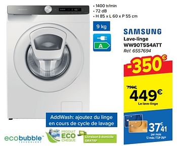 Promotions Samsung lave-linge ww90t554att - Samsung - Valide de 20/03/2024 à 02/04/2024 chez Carrefour