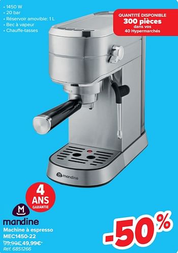 Promotions Mandine machine à espresso mec1450-22 - Mandine - Valide de 20/03/2024 à 02/04/2024 chez Carrefour