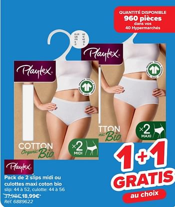 Promotions Pack de 2 slips midi ou culottes maxi coton bio - Playtex - Valide de 20/03/2024 à 02/04/2024 chez Carrefour