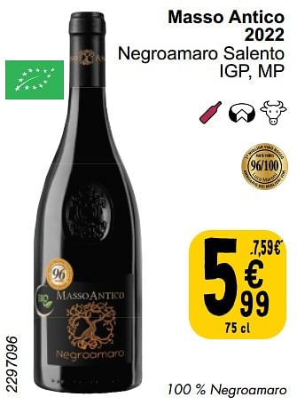 Promotions Masso antico 2022 negroamaro salento - Vins rouges - Valide de 26/03/2024 à 30/03/2024 chez Cora
