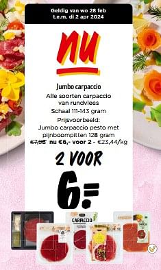 Promotions Jumbo carpaccio pesto met pijnboompitten - Produit Maison - Jumbo - Valide de 16/03/2024 à 02/04/2024 chez Jumbo