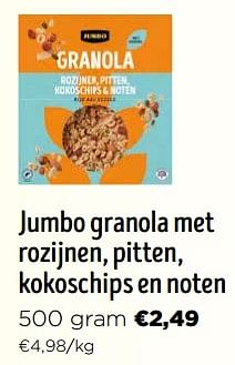 Promotions Jumbo granola met rozijnen pitten kokoschips en noten - Produit Maison - Jumbo - Valide de 16/03/2024 à 02/04/2024 chez Jumbo