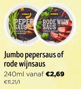 Promoties Jumbo pepersaus of rode wijnsaus - Huismerk - Jumbo - Geldig van 16/03/2024 tot 02/04/2024 bij Jumbo