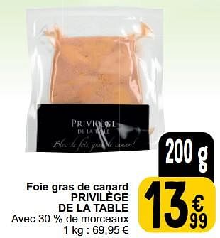 Promotions Foie gras de canard privilège de la table - Privilège de la Table - Valide de 26/03/2024 à 30/03/2024 chez Cora