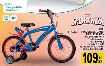 Promoties Vélo frozen, princesses, cars, minnie, bluey ou spider-man - Marvel - Geldig van 26/03/2024 tot 08/04/2024 bij Cora