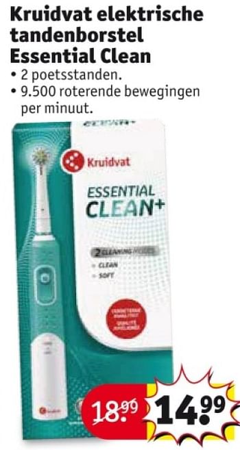 Promotions Kruidvat elektrische tandenborstel essential clean - Produit maison - Kruidvat - Valide de 25/03/2024 à 07/04/2024 chez Kruidvat