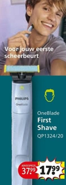 Promoties Philips oneblade first shave qp1324 20 - Philips - Geldig van 25/03/2024 tot 07/04/2024 bij Kruidvat