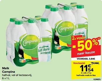 Promotions Halfvolle melk in fles - Campina - Valide de 27/03/2024 à 02/04/2024 chez Carrefour