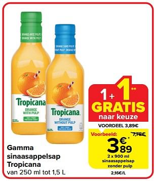 Promotions Sinaasappelsap zonder pulp - Tropicana - Valide de 27/03/2024 à 02/04/2024 chez Carrefour
