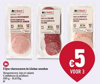 Promotions Fijne vleeswaren in kleine sneden hespenworst, kip of salami - Produit Maison - Delhaize - Valide de 28/03/2024 à 03/04/2024 chez Delhaize