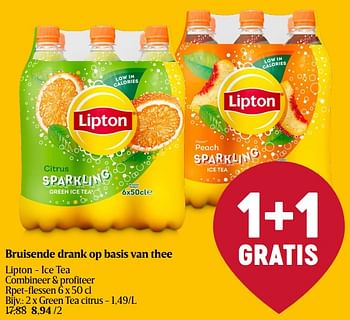 Promoties Bruisende drank op basis green tea citrus - Lipton - Geldig van 28/03/2024 tot 03/04/2024 bij Delhaize