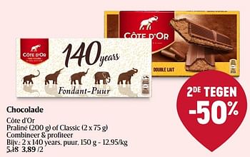 Promotions Chocolade 140 years, puur - Cote D'Or - Valide de 28/03/2024 à 03/04/2024 chez Delhaize