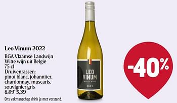 Promotions Leo vinum 2022 bga vlaamse landwijn witte wijn - Vins blancs - Valide de 28/03/2024 à 03/04/2024 chez Delhaize