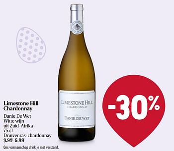 Promotions Limestone hill chardonnay danie de wet witte wijn - Vins blancs - Valide de 28/03/2024 à 03/04/2024 chez Delhaize